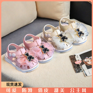 公主风透气轻便沙滩童鞋 韩版 包头搭扣软底防滑学步鞋 女童凉鞋 夏季