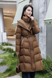 咖色大翻领修身 收腰显瘦90白鹅绒羽绒服女长裤