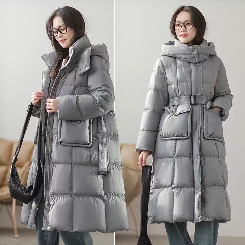 竖插口袋豆腐分割显瘦修身腰带长款羽绒服女