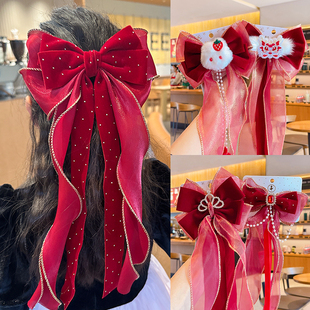 新年头饰儿童红色蝴蝶结皇冠发夹女童公主高颜值飘带发饰过年发卡