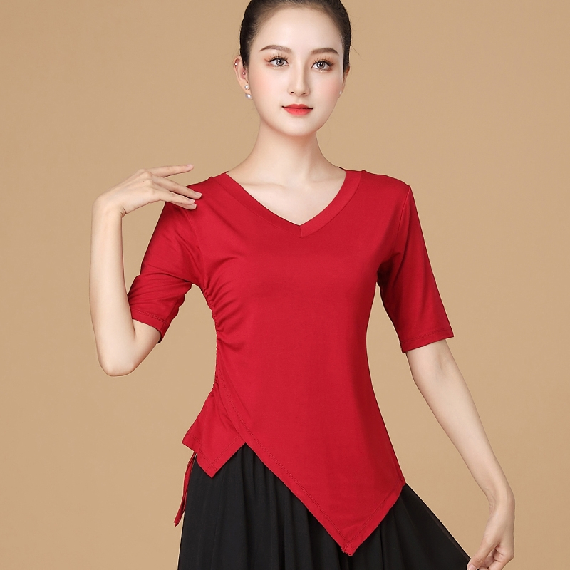 广场舞莫代尔上衣夏季中袖V领妈妈跳舞衣大妈抽绳夏款舞蹈演出服