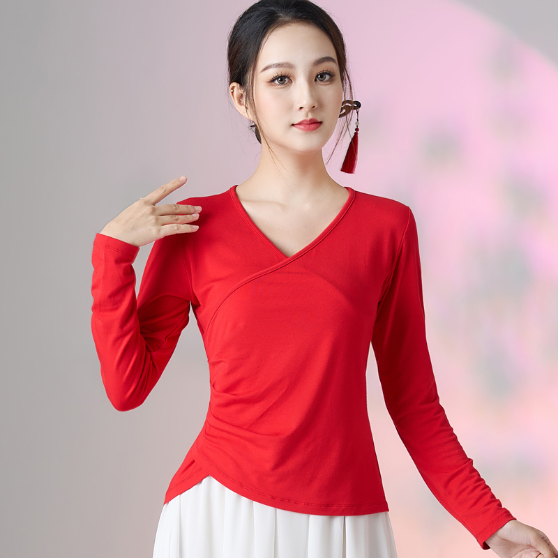 广场舞莫代尔长袖上衣红色跳舞衣服中老年大妈舞蹈服中袖演出服女