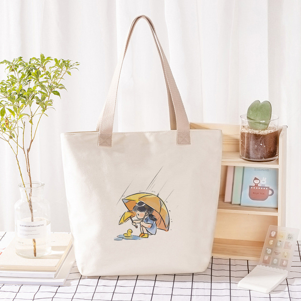 可爱图案雨伞女孩纯棉帆布包包单肩手提袋学生上班实用包包大容量