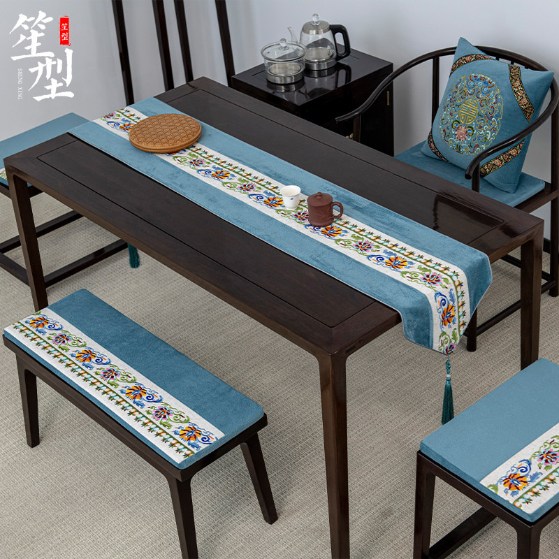新中式椅垫古典刺绣花长坐垫靠枕桌旗茶椅餐椅海绵乳胶座垫可定制