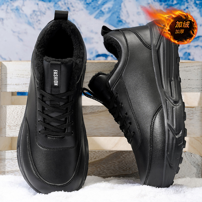 大码宽头棉鞋冬男女轻便软底全黑加绒保暖皮面防水宽楦运动跑步鞋