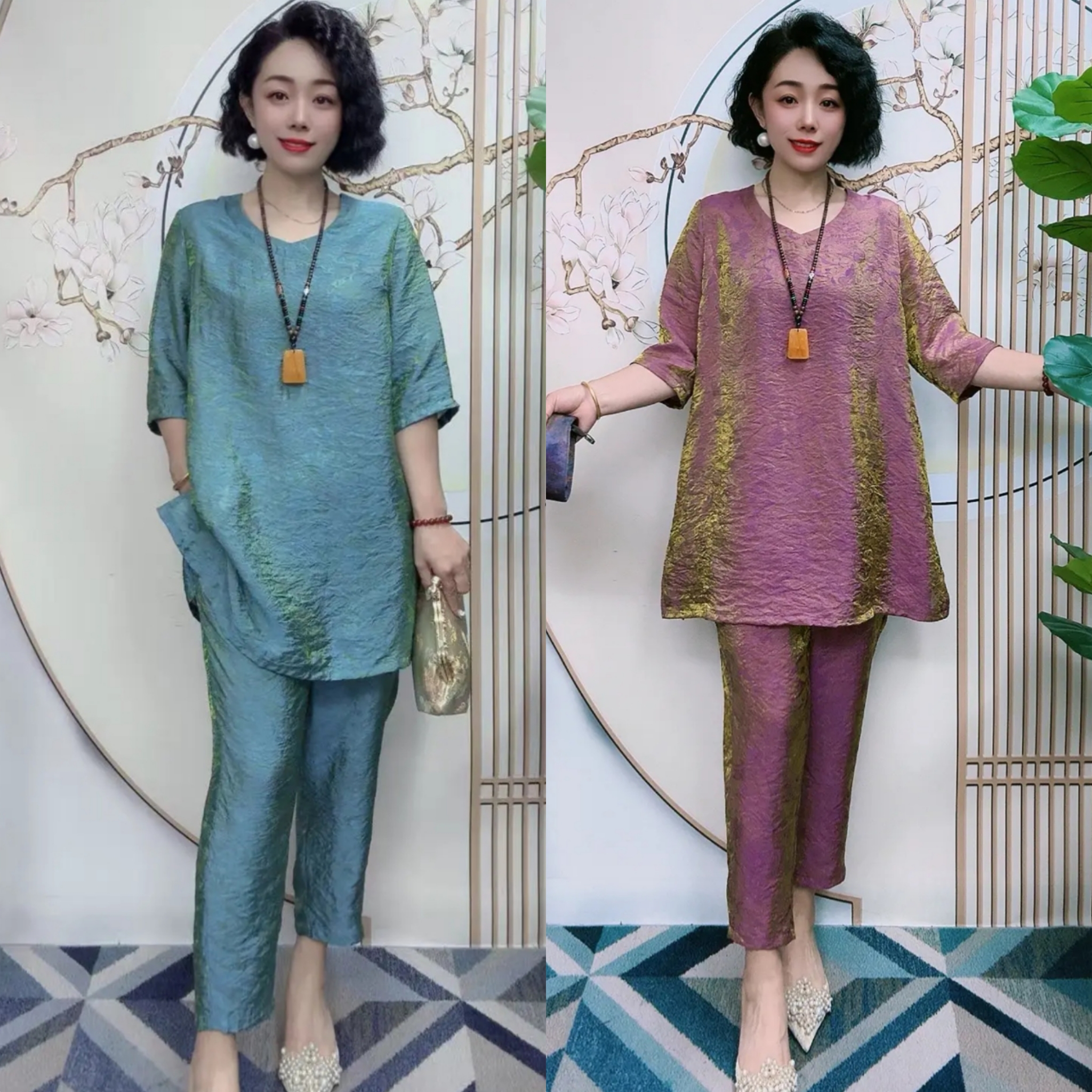 七彩琉璃缎数码提花夏季套装女妈妈时尚休闲大码上衣九分裤子套装