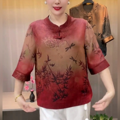 妈妈真丝上衣桑蚕丝复古盘扣小衫