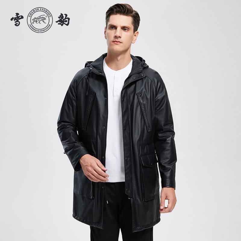 雪豹新款男士牛皮风衣外套商务休闲中长款真皮皮衣连帽皮夹克