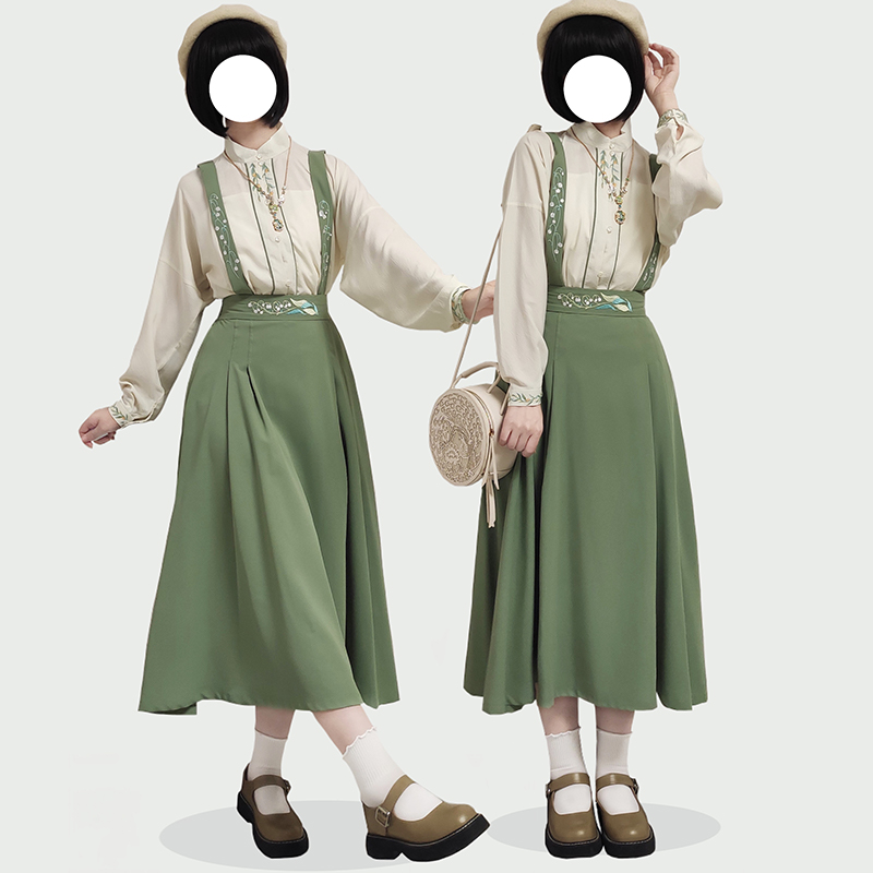 文艺简约国风对襟衬衫背带裙