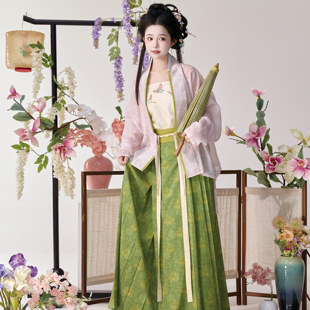 花朝记｜碧桃｜宋制汉服飞机袖对襟衫百迭裙吊带提花粉绿传统日常
