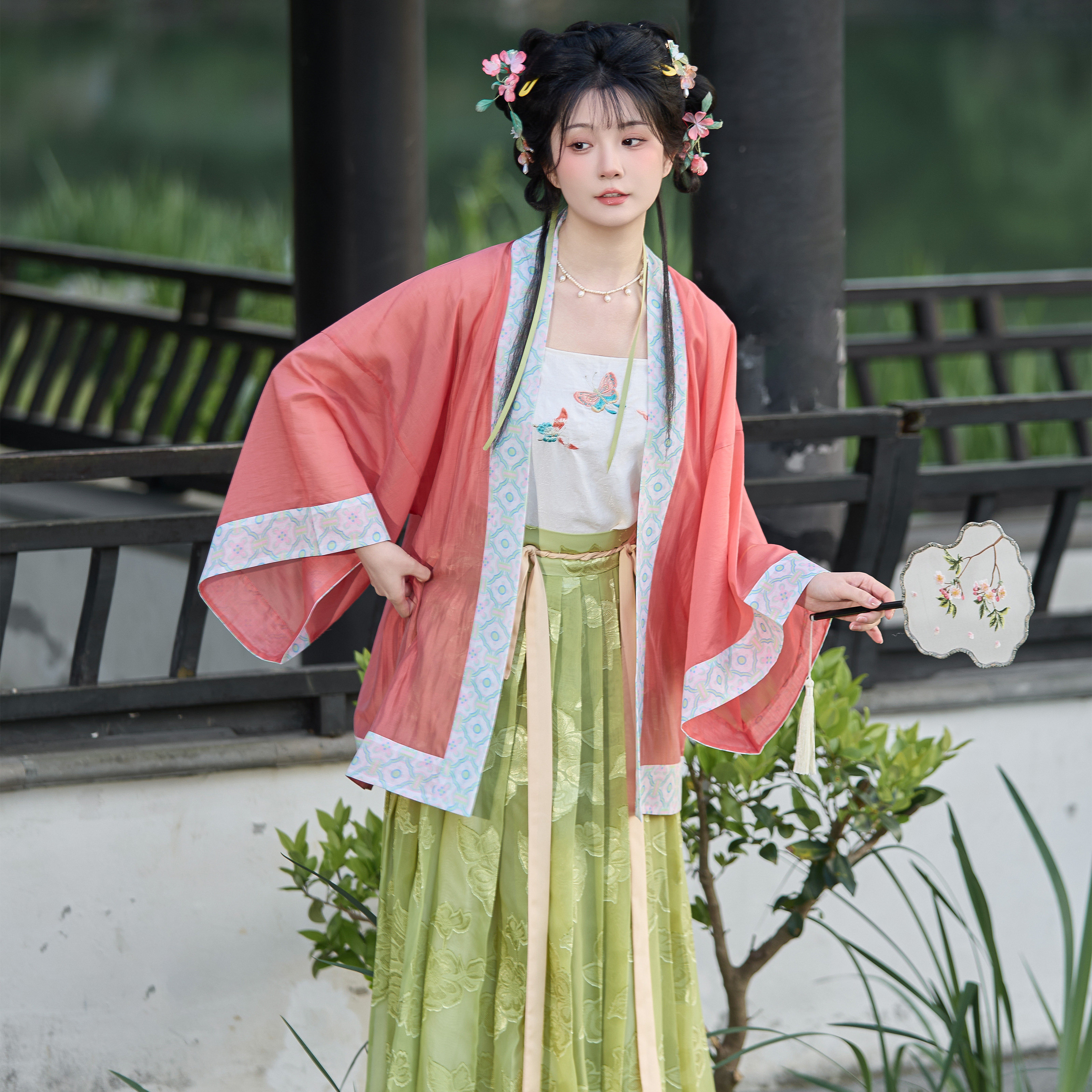 花朝记｜醉桃花｜宋制汉服貉袖百迭裙天丝剪花纱印花粉绿日常春夏