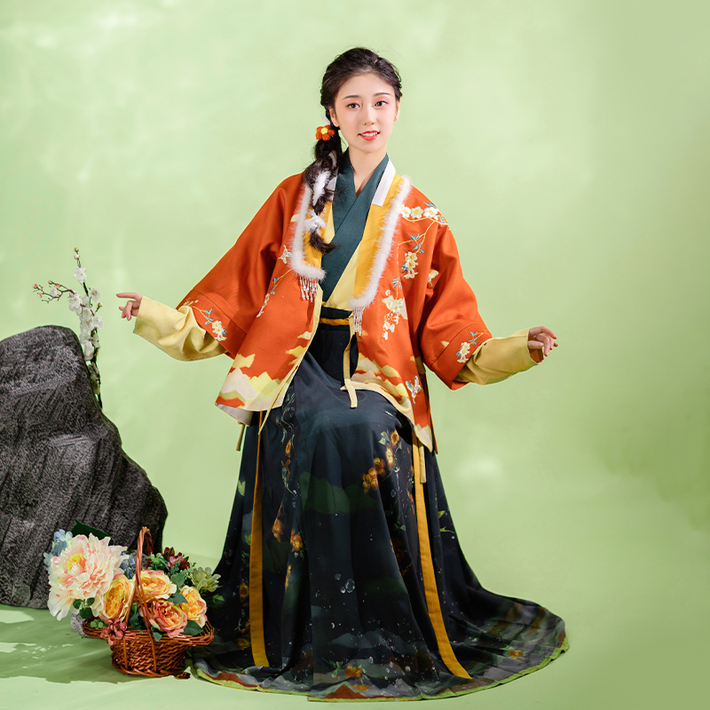 【萤火】花朝记汉服原创毛呢加绒明制对穿半袖印花马面裙秋冬女装