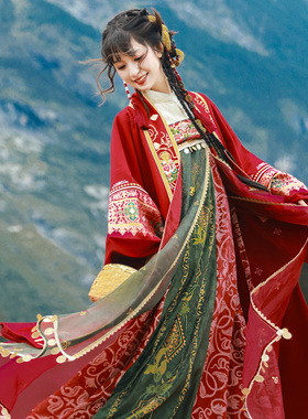 花朝记｜楼兰雪焰｜汉服元素对襟袄立领袄齐胸裙红色显白新年旅拍