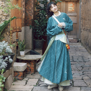 绣花印花传统 抱腰宋裤 花朝记｜吴山青｜宋制汉服元 素圆领袍飞机袖