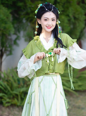 花朝记｜春风绿｜汉服元素针织唐背子浅交领衫一片式褶裙少女可爱