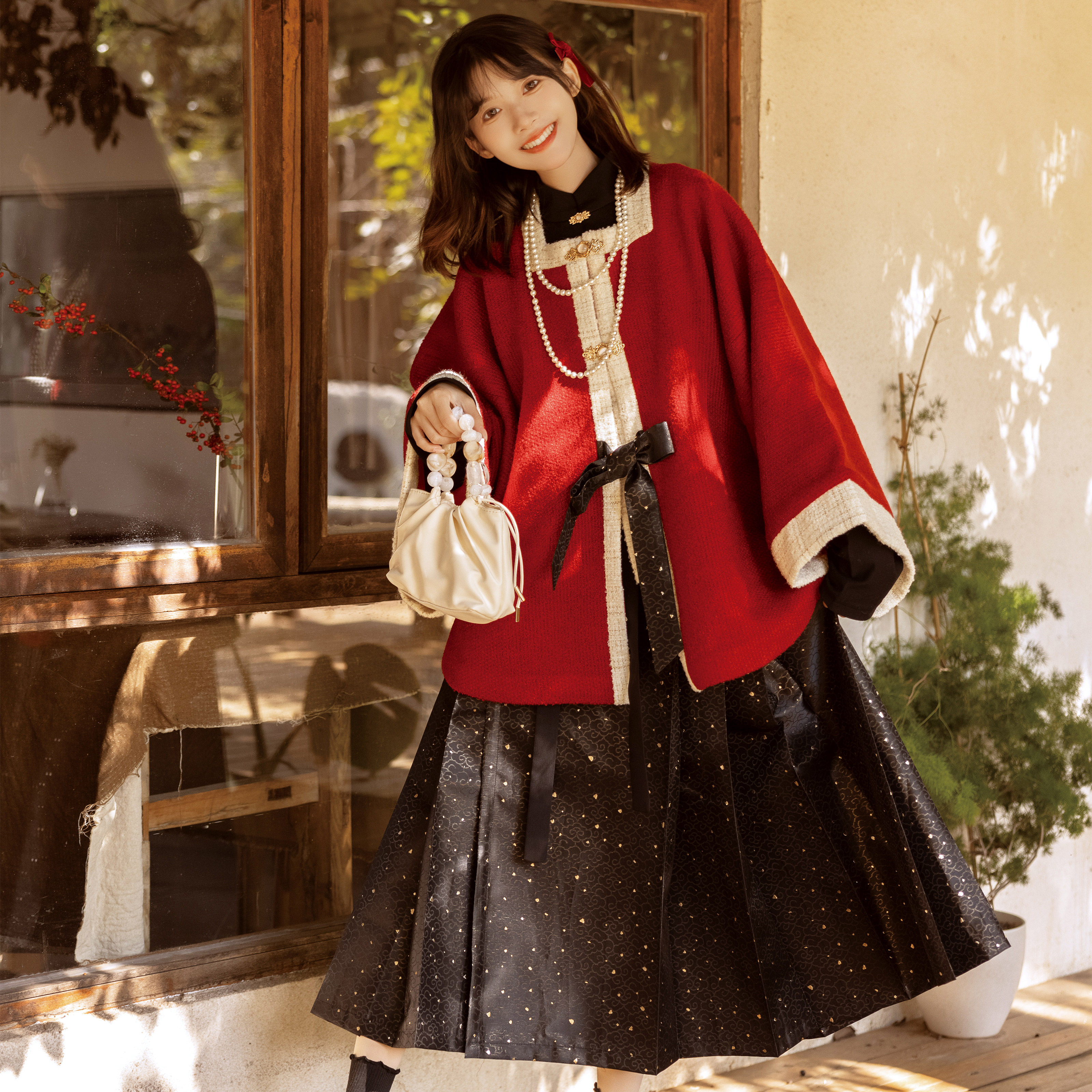 花朝记｜红丝绒｜秋冬日常汉服明制小香风方领半袖竖领衫马面裙女,女装/女士精品,汉服套装,淘宝优惠券,粉丝福利购,淘宝优惠卷