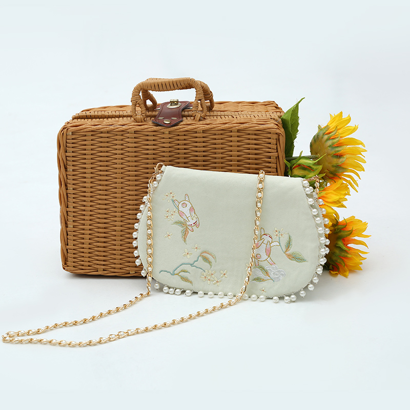 【玉兔】花朝记仿黄昇墓多色珍珠毛绒圈金绣花斜挎包汉服配饰小物