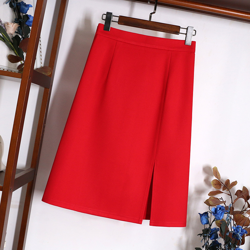 开叉半身裙中长款2023春季新款高腰半身裙A字裙弹力包臀裙子红色