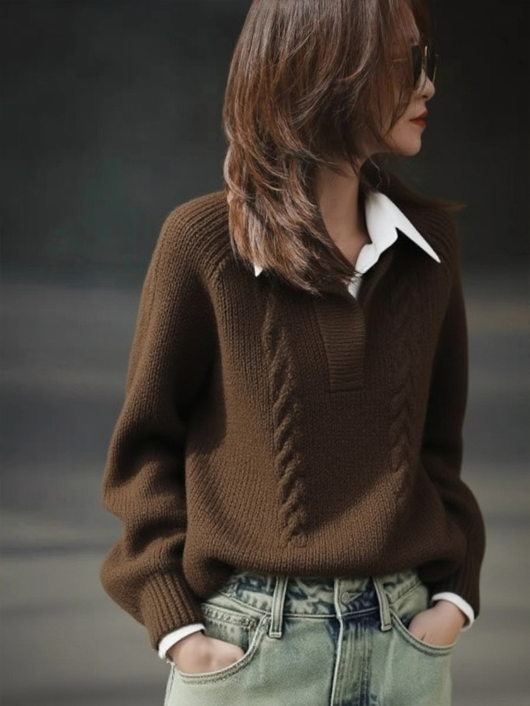 早秋2025年新款时尚高级感撞色绞花假两件棕色毛衣洋气显瘦上衣女,女装/女士精品,羊绒衫,淘宝优惠券,粉丝福利购,淘宝优惠卷