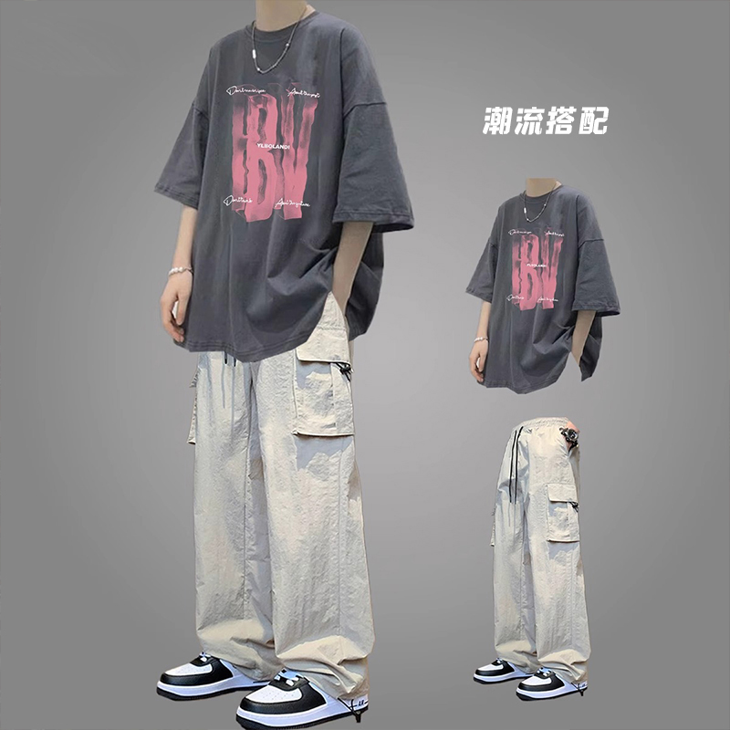 GXG美式复古纯棉短袖t恤男夏季穿搭一整套冰丝直筒工装裤两件套装