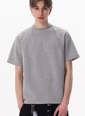 灰色cleanfit拼接正肩短袖男款夏季小领口半截袖美式高街重磅t恤