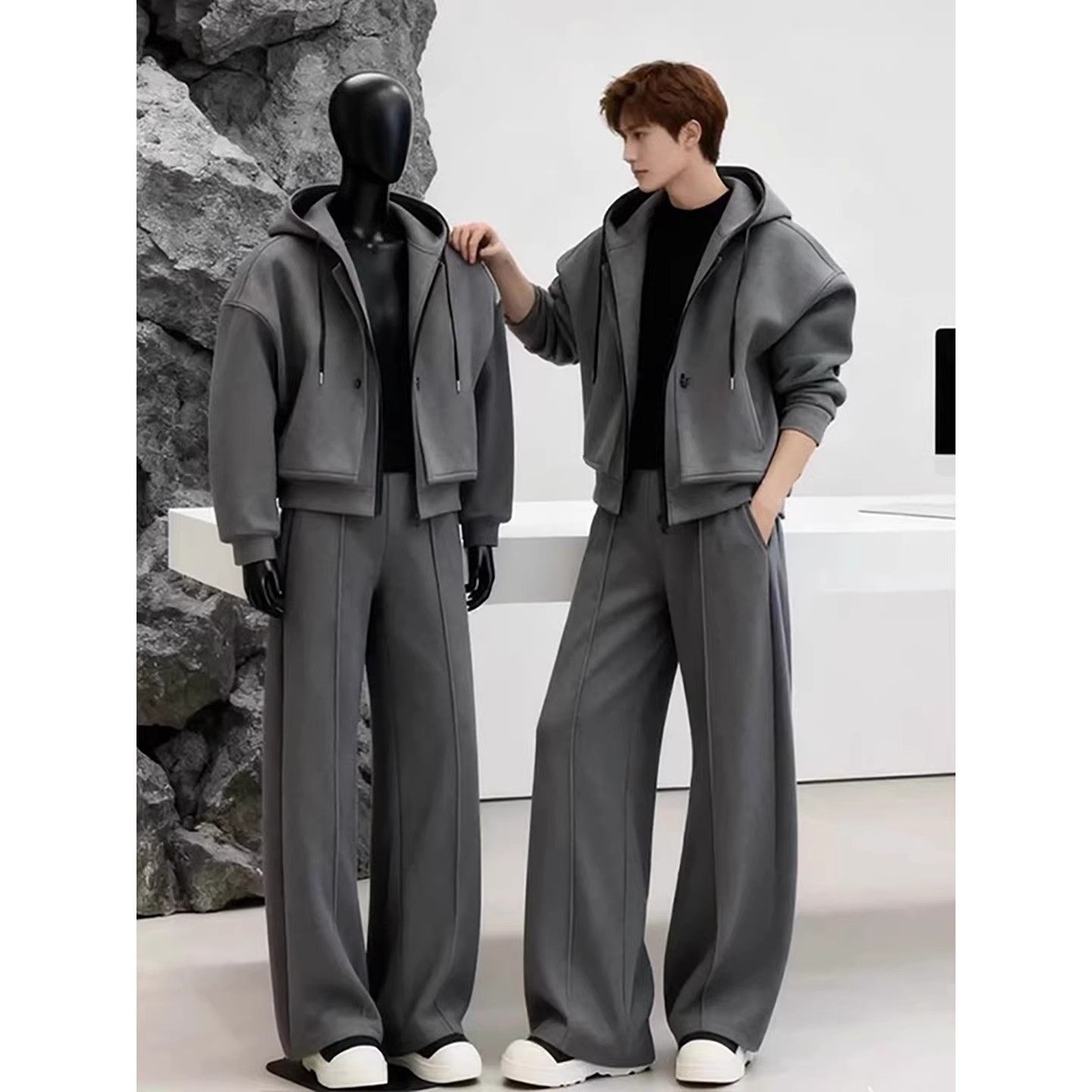 高级感男生酷帅穿搭套装秋冬季加厚假两件连帽卫衣卫裤休闲一整套,男装,其他套装,淘宝优惠券,粉丝福利购,淘宝优惠卷