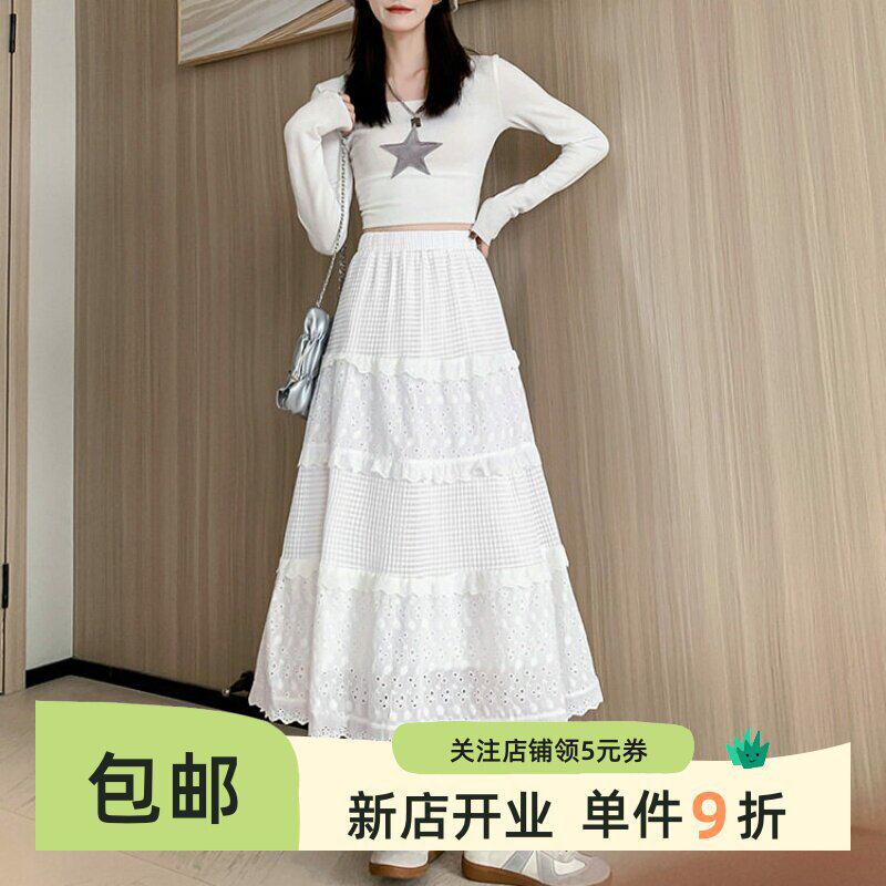 羊毛黑色女春款气质蕾丝半身裙显瘦小个子网纱高腰a字半身长裙