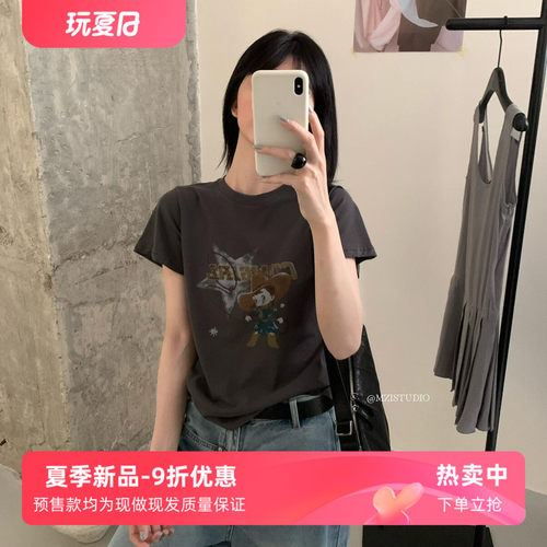 MZI STUDIO 夏装时髦卡通字母印花做旧感圆领套头短袖T恤女13988