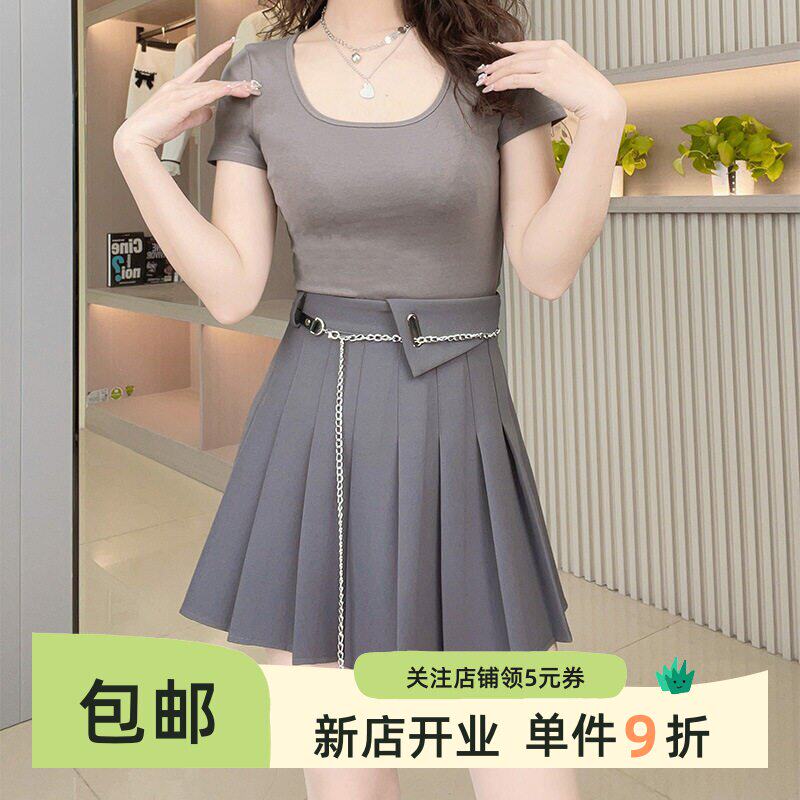 灰色高腰a字百褶裙女春夏新款小个子显瘦设计感西装带内衬半身裙