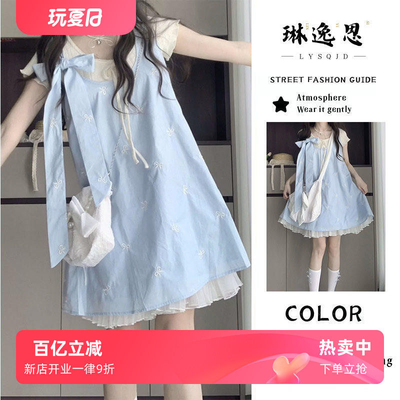 甜美套装/单件夏季超仙蝴蝶结背带连衣裙女学生+ins绑带针织上衣