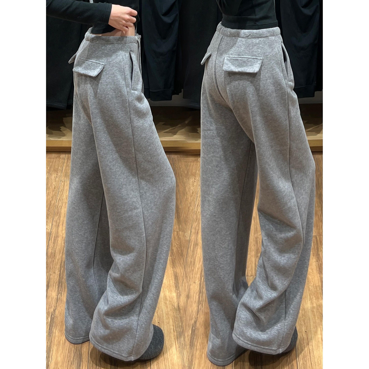 灰色加绒糯米裤女秋冬高腰宽松慵懒风垂感阔腿裤休闲直筒西装卫裤