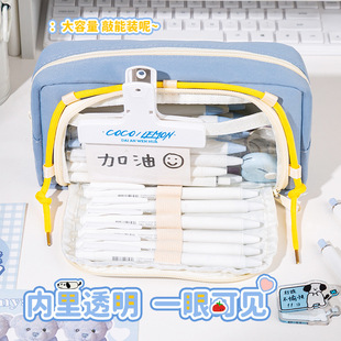 复古拼接撞色红蓝格子开窗笔袋网红ins小狗大容量文具袋学生用多层分格收纳袋爆款腊肠小狗前大开口开口笔袋