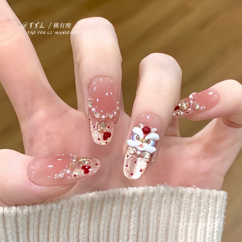 TYL闪钻醒狮新年爆闪香槟猫眼蝴蝶结手工穿戴甲手绘爱心可爱美甲2026新款女童美甲指甲贴儿童女孩贴纸甲片,文具电教/文化用品/商务用品,贴纸/立体贴纸,淘宝优惠券,粉丝福利购,淘宝优惠卷