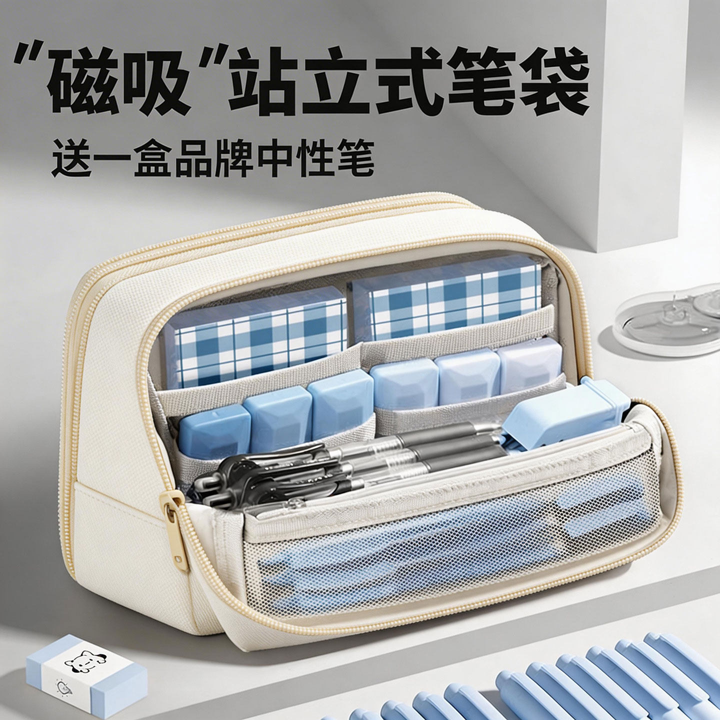 磁吸大容量笔袋铅笔文具笔盒可立式初中高中生女孩2026新款高颜值ins超火小众不撞款男孩儿童小学生笔袋痛包