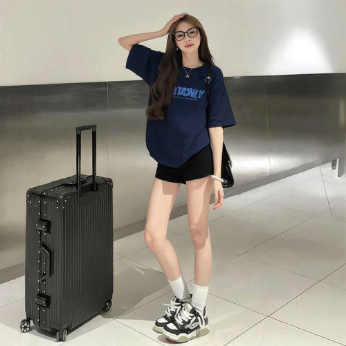 日系复古藏蓝短袖纯棉T恤女款
