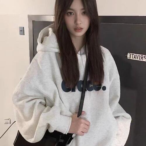 美式灰连帽卫衣女宽松字母印花