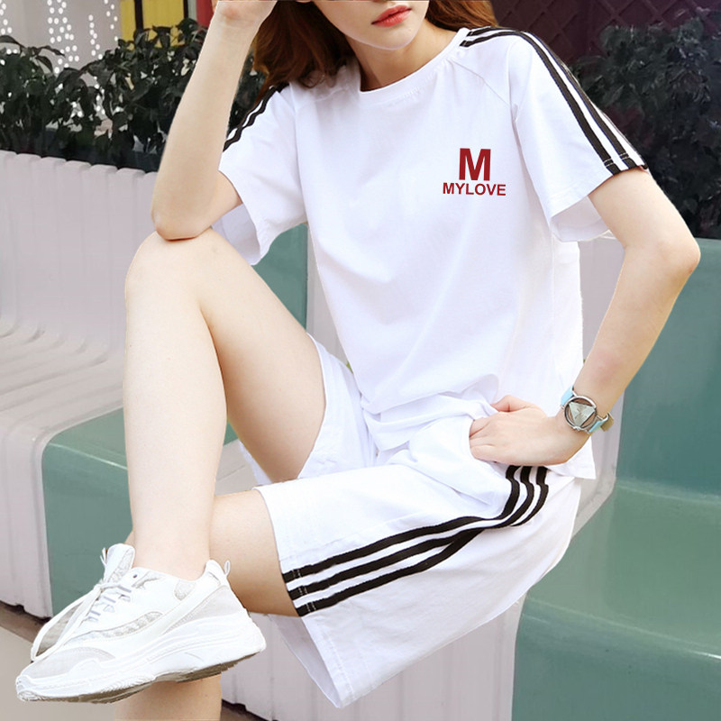 夏季新款跑步运动服套装女纯棉短袖五分短裤大码休闲健身两件装潮