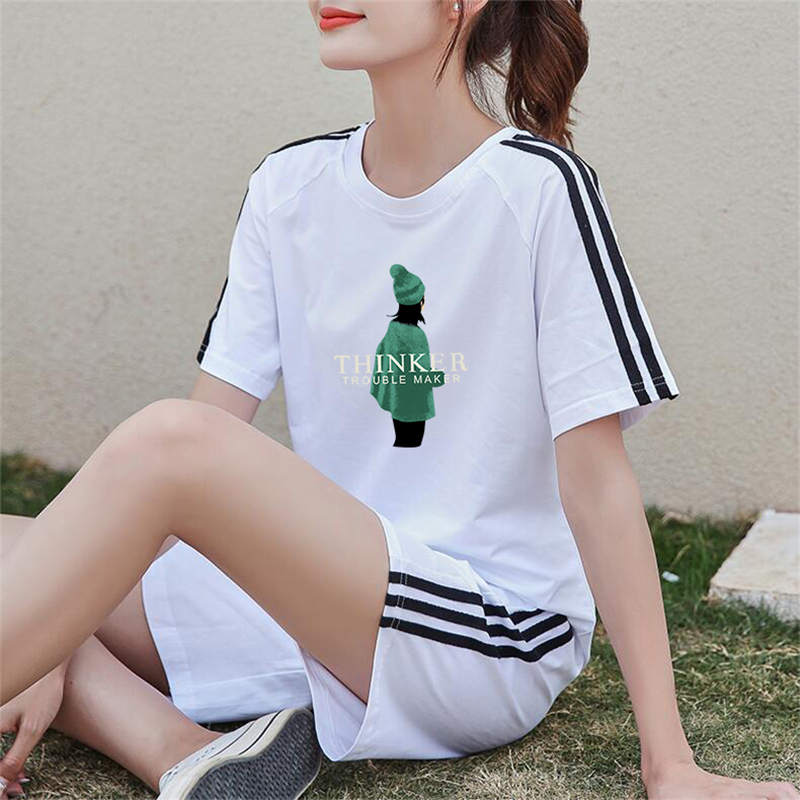纯棉米奇休闲套装女2025年夏季新款杠条短袖短裤跑步服运动两件套