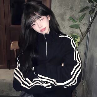 美式三条杠半拉链立领卫衣女春秋季加绒初中高中学生长袖宽松上衣