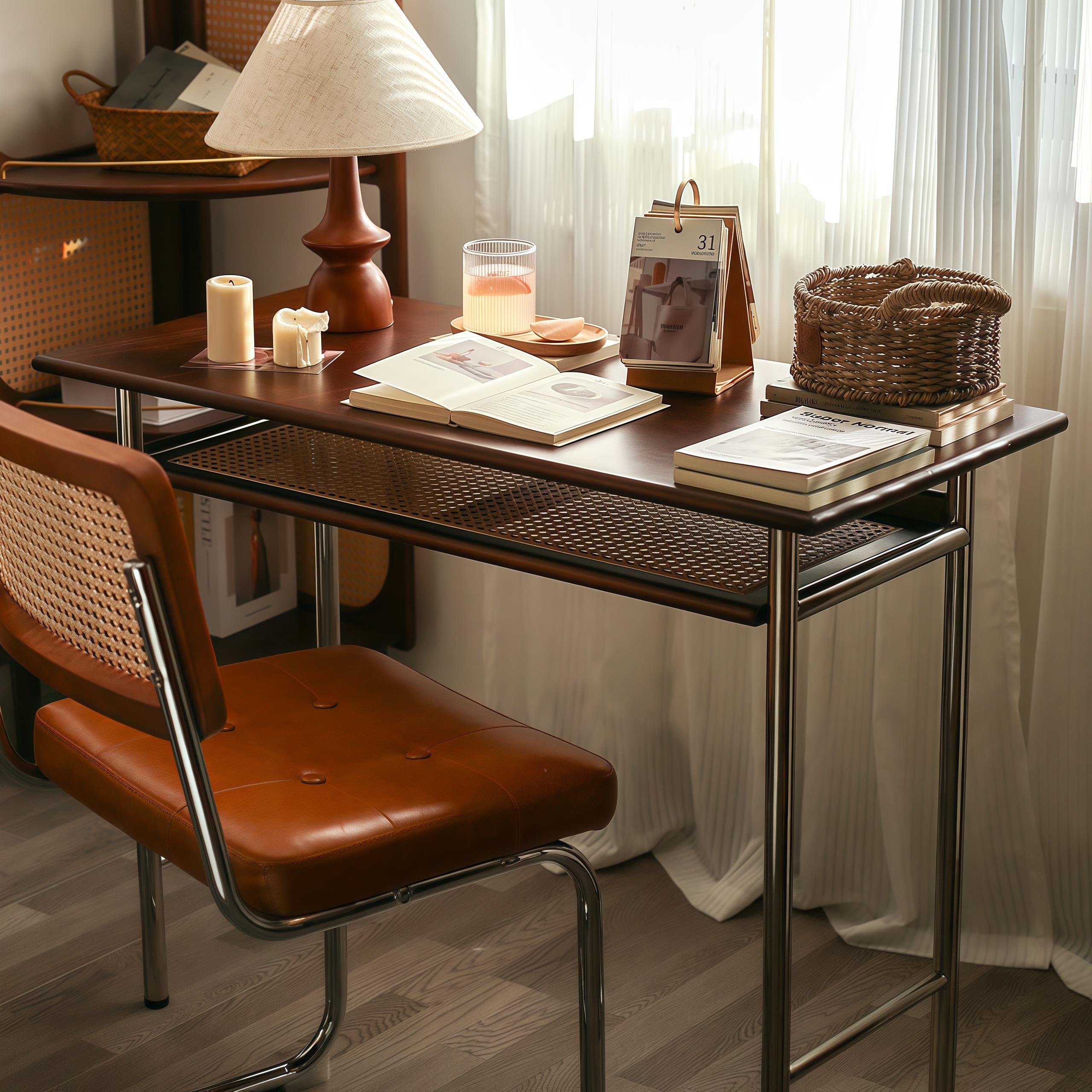 中古风实木书桌椅子不锈钢覆古小型家用卧室长窄工作电脑梳化妆台