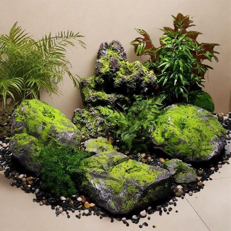 仿真苔藓假石头玻璃钢石头装饰摆件庭院绿植造景道具假山森系景观