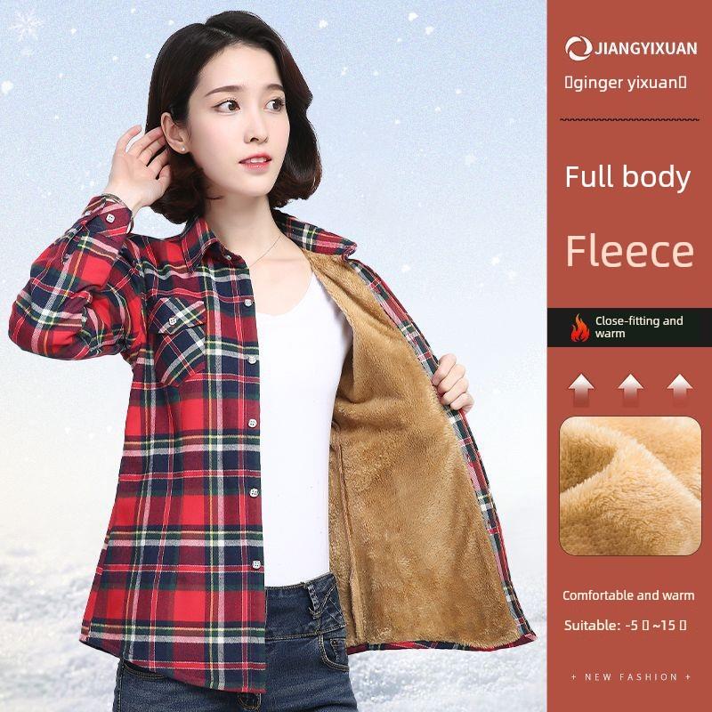 2025新款韩版秋冬季新款加绒加厚保暖格子衬衫女长袖上衣打底妈妈