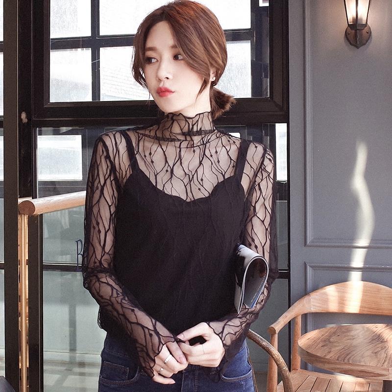 2025新款韩版加码黑色蕾丝下装衬衫妇女的长袖网状内透视妇女的上