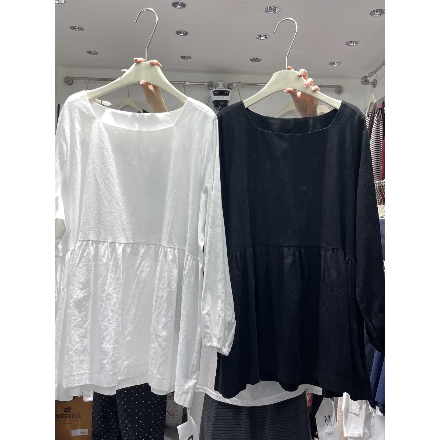 2025新款韩版加码女式白色方领中长袖衬衫女式2025秋季新款胖mm宽