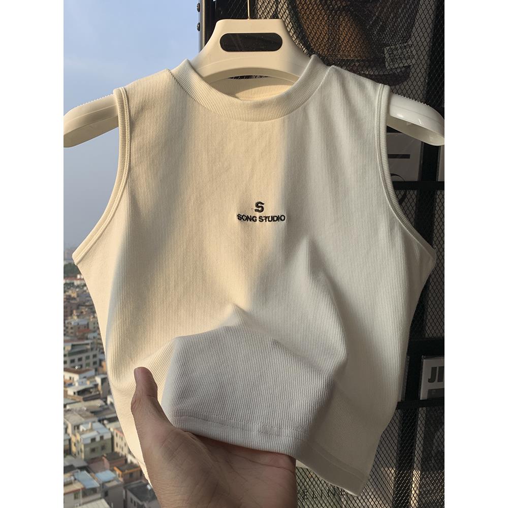 2025新款韩版修身宽松背心妇女无袖t恤短螺纹圆领设计底衬衫上衣