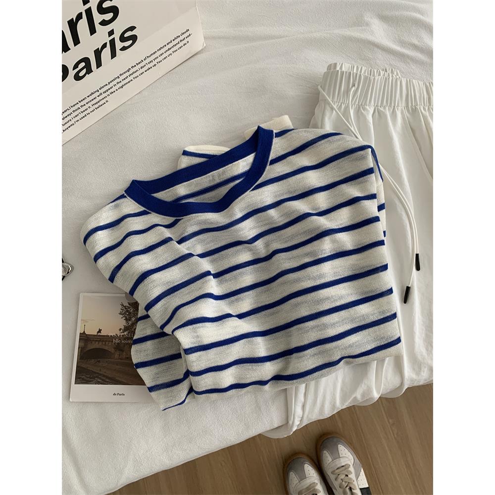 2025新款韩版清新显白蓝色条纹冰麻针织防晒罩衫女宽松休闲韩系百