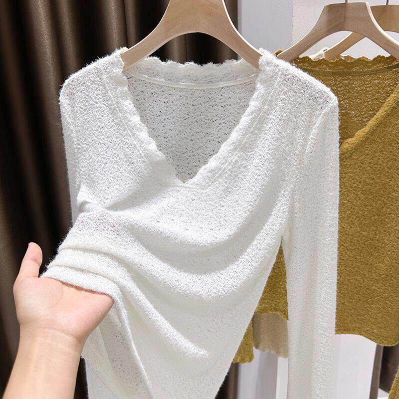 2026新款韩版大码纯欲V领打底衫女装胖mm秋冬新款毛衣内搭蕾丝磨