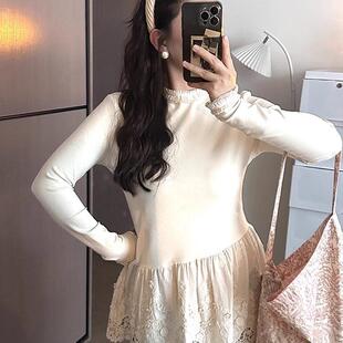 2026秋冬新款白色蕾丝花边下摆半高领打底衫女内搭长袖加绒叠穿屁