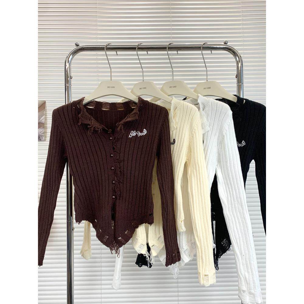 2025新款韩版纯欲风设计感毛边V领毛衣女装秋冬新款修身显瘦小众