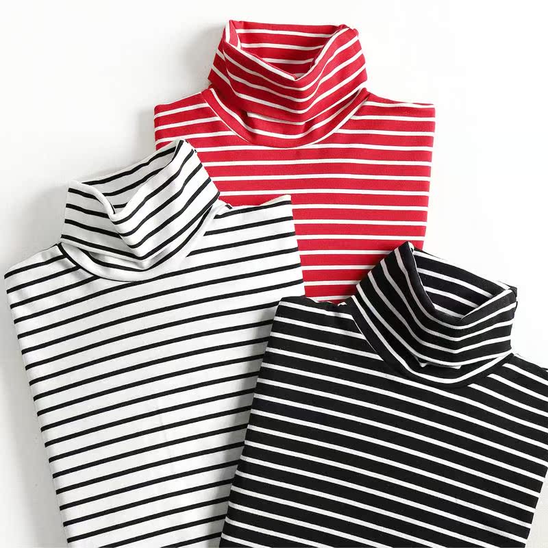 2025新款韩版秋冬新款条纹高领打底衫女纯棉长袖t恤大码上衣内搭